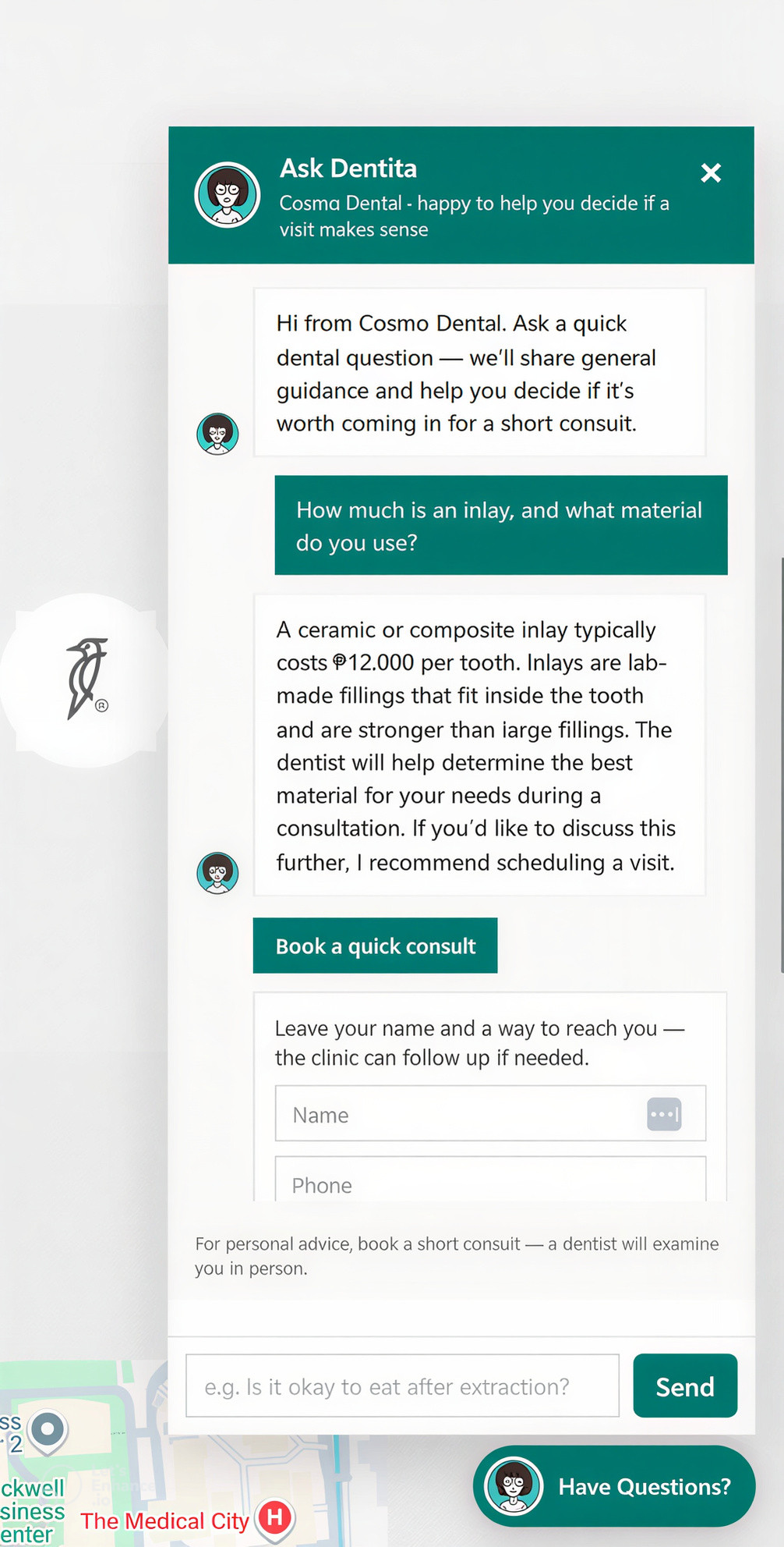 Ask Dentita website Q&A chat answering an inlay fee question